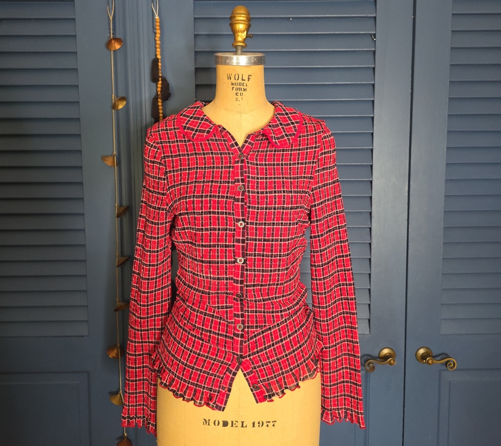 Free People Red Plaid Fringe-Hem Button Front Top